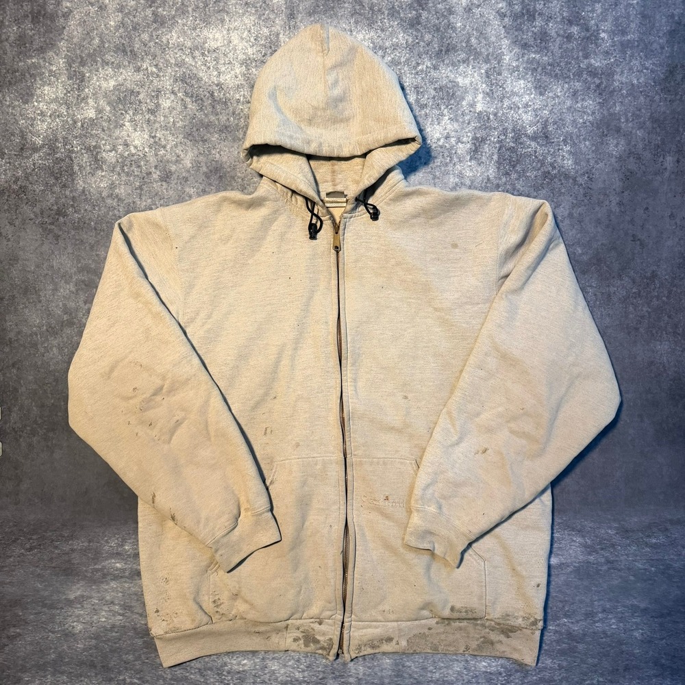 VTG Carhartt K129 ASH Full Zip Hoodie Mens XL Tall Gray Distressed Thermal Lined